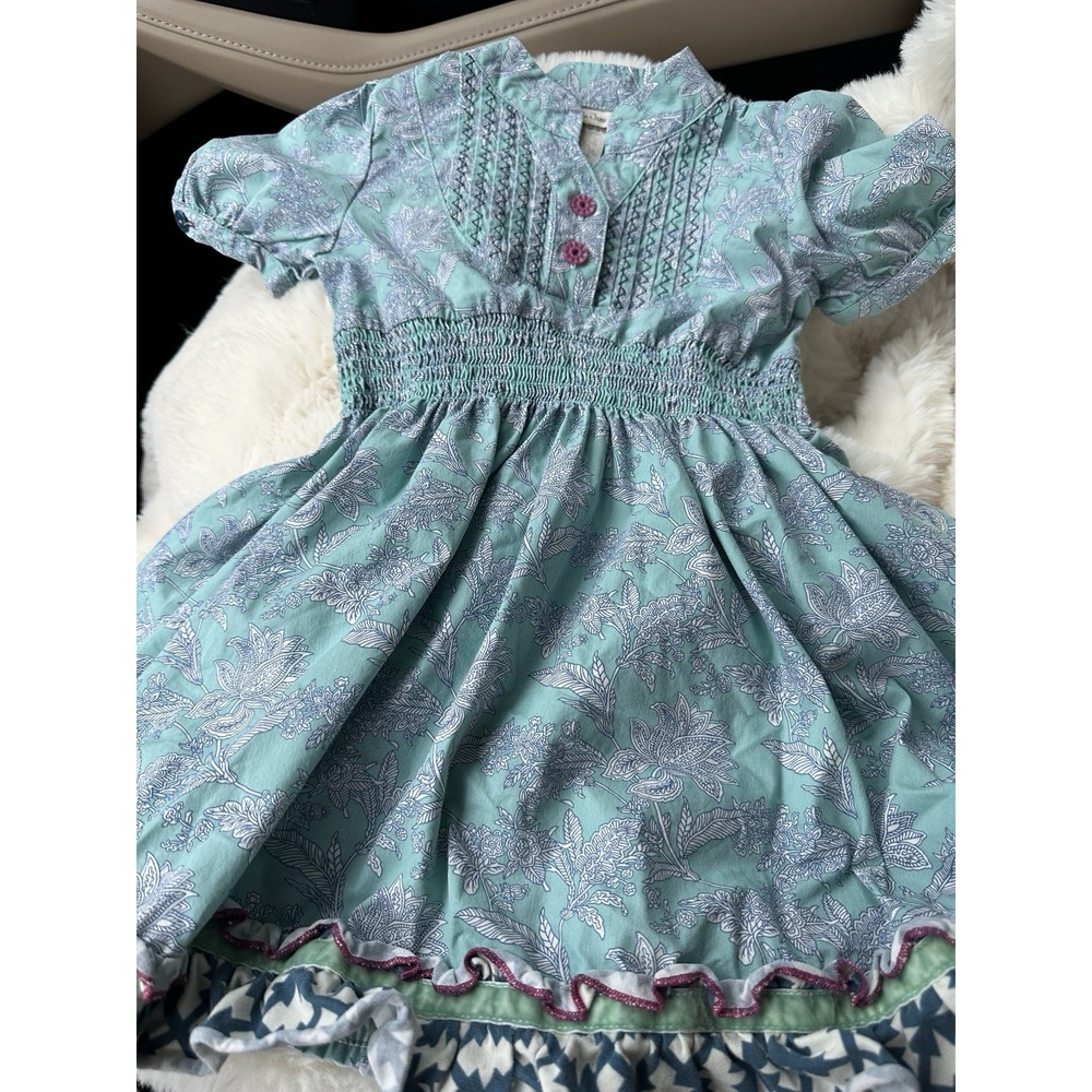 Matilda Jane Tidal Toile Blue Smocked Ruffle Dress Girls Size 4 Boho Western
